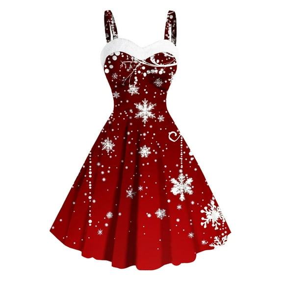 Womens Christmas Dresses 2024 - Holiday Party Dress, Womens Christmas Retro Dresses Xmas Snowflake Printes Dress Sleeveless Tunic Dresses Pleated Dress