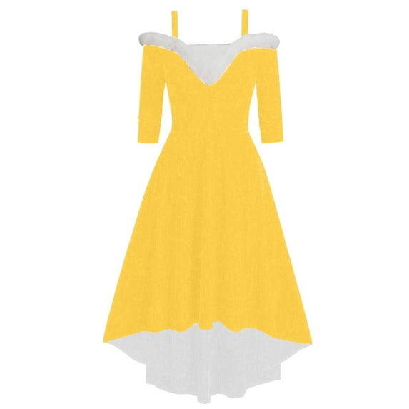 Womens Christmas Dresses Vintage Slip Dresses Off-Shoulder Xmas Party Dresses Yellow-2 XL