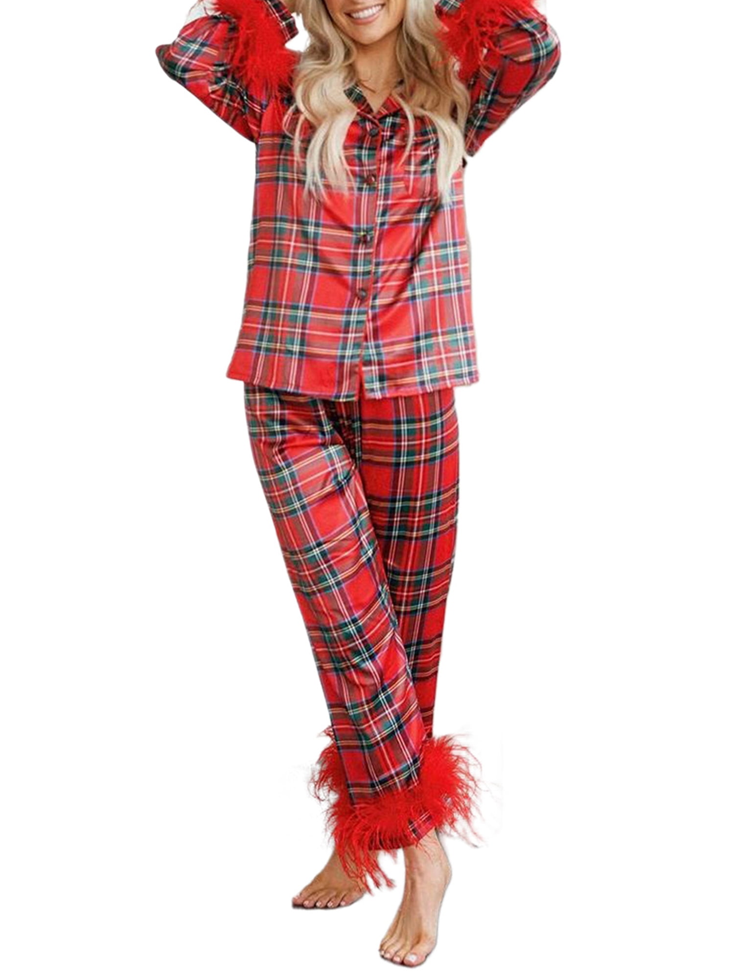 Womens Christmas Feather Trim Silk Satin Pajama Button Down Long Sleeve ...