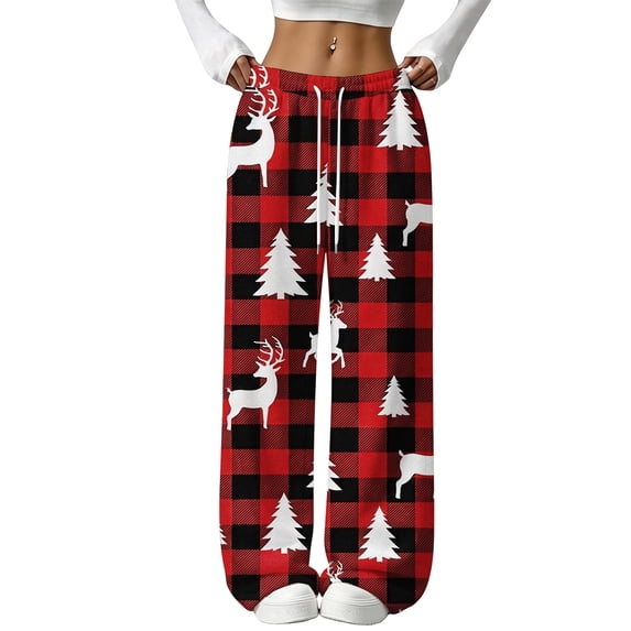 Womens Christmas Flannel Pajamas Christmas Cute Print Lounge Pants Christmas Fluffy Fleece Elastic Waist Wide Leg Pj Pants Casual Cozy Soft Sleepwear Pjs
