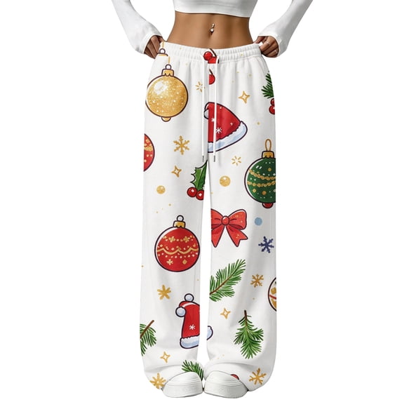Womens Christmas Flannel Pajamas Christmas Cute Print Lounge Pants Christmas Fluffy Fleece Elastic Waist Wide Leg Pj Pants Casual Cozy Soft Sleepwear Pjs