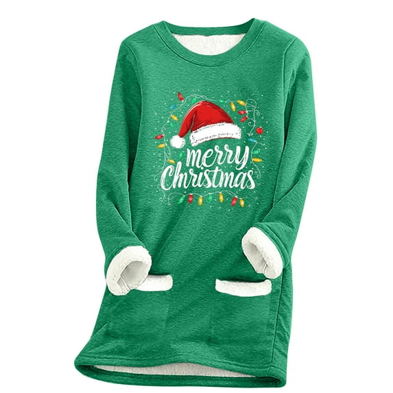 Womens Christmas Fleece Lined Sweatshirts Long Sleeve Winter Warm Pullover Xmas Holiday Fuzzy Thermal Tops, M Green