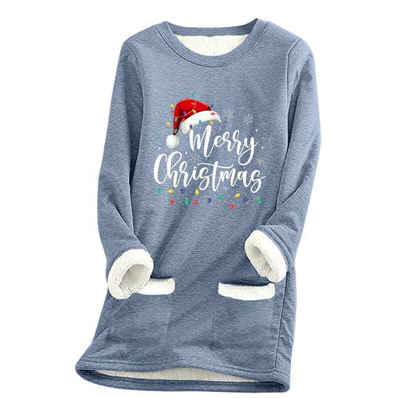 Womens Christmas Fleece Lined Sweatshirts Long Sleeve Winter Warm Pullover Xmas Holiday Fuzzy Thermal Tops, XL Blue