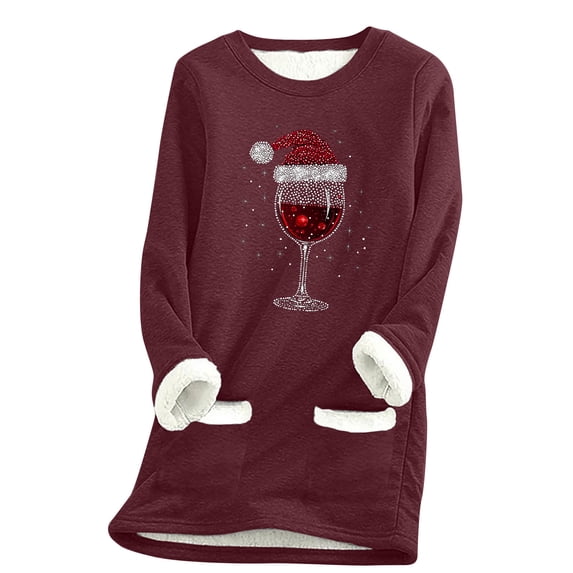 Womens Christmas Fleece Lined Sweatshirts Long Sleeve Winter Warm Pullover Xmas Holiday Fuzzy Thermal Tops, XXL Wine