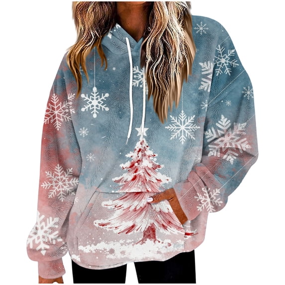 Womens Christmas Fleece Sweatshirts Hoodies Winter Long Sleeve Fuzzy Xmas Printed Warm Pullover Drawstring Blouse Loose Casual Oversized Fashion Vacation Gift Tops with Pockets Multicolor L