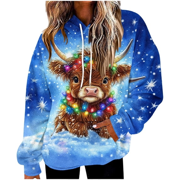 Womens Christmas Fleece Sweatshirts Hoodies Winter Long Sleeve Fuzzy Xmas Printed Warm Pullover Drawstring Blouse Loose Casual Oversized Fashion Vacation Gift Tops with Pockets Multicolor 16 L