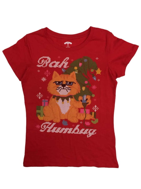 Womens Christmas Holiday Bah Humbug Grumpy Cat Knit Pattern T-Shirt Medium