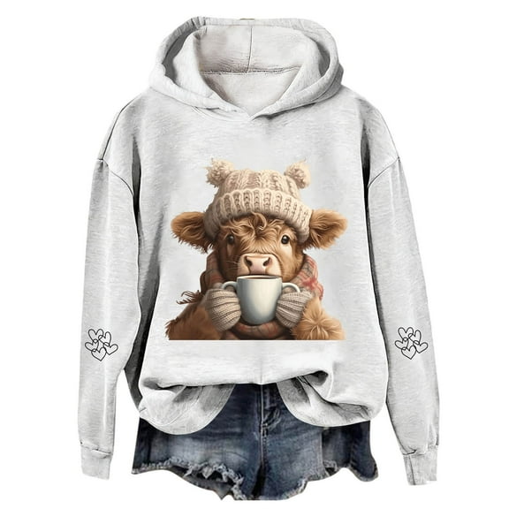 Womens Christmas Hoodies Long Sleeve Highland Cattle Print Hooded Sweatshirts Xmas Holiday Fall Fashion Pullover Tops Trendy Winter Outfits