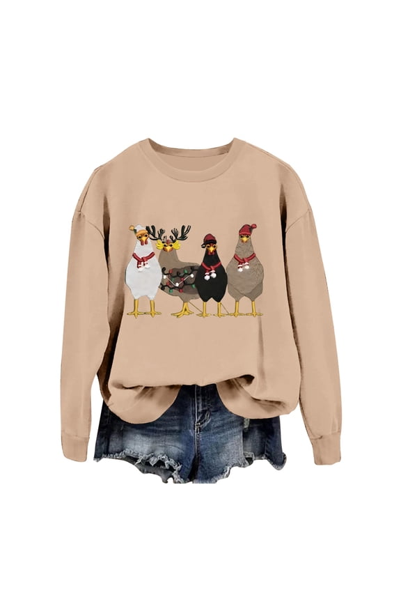 Womens Christmas Hoodless Funny Christmas Chick Farm Animal Print Boho Tops for Women,Khaki,XL