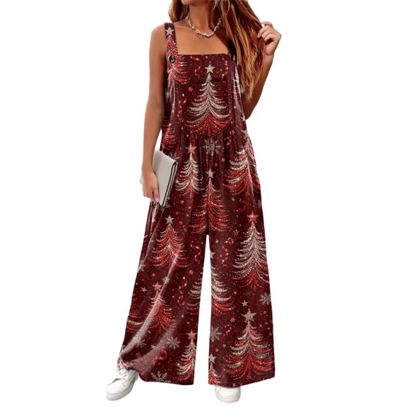 Womens Christmas Jumpsuits Jingle Bell Wide Leg Xmas Overallls Gift Box Sleeveless Holiday Festive Xmas Rompers ,M