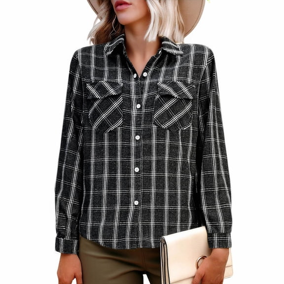 Womens Christmas Lapel Collared Plaid Shirts, Flannel Long Sleeve Tops, Fall Button Work Blouses
