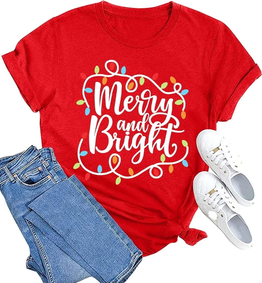 Beopjesk Womens Merry And Bright Christmas T-Shirt, Short Sleeve, Plaid ...