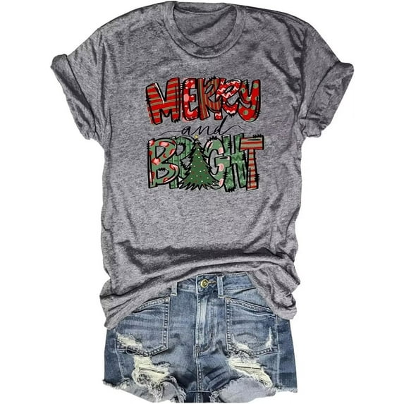 Womens Christmas Light Merry And Bright T-Shirts Red Christmas Graphic Tee Tops (M,23 Grey)