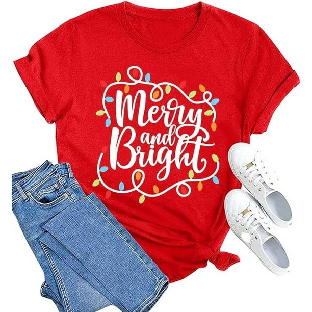 Womens Christmas Light Merry And Bright T-Shirts Red Christmas