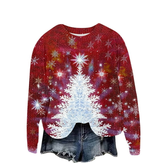 Womens Christmas Lightwight Pullover Long Sleeves Top Christmas Tree Snowflake Print Cotton Womens Knitwear Crewneck Tunic Top Party Blouse Shirts Fashion Clothes Going Outwear 29-Multicolor S