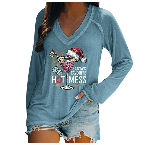 Womens Christmas Long Sleeve Shirt Funny Xmas Doodles Graphic Tee Long Sleeve V-Neck Holiday Family Party Matching Tops