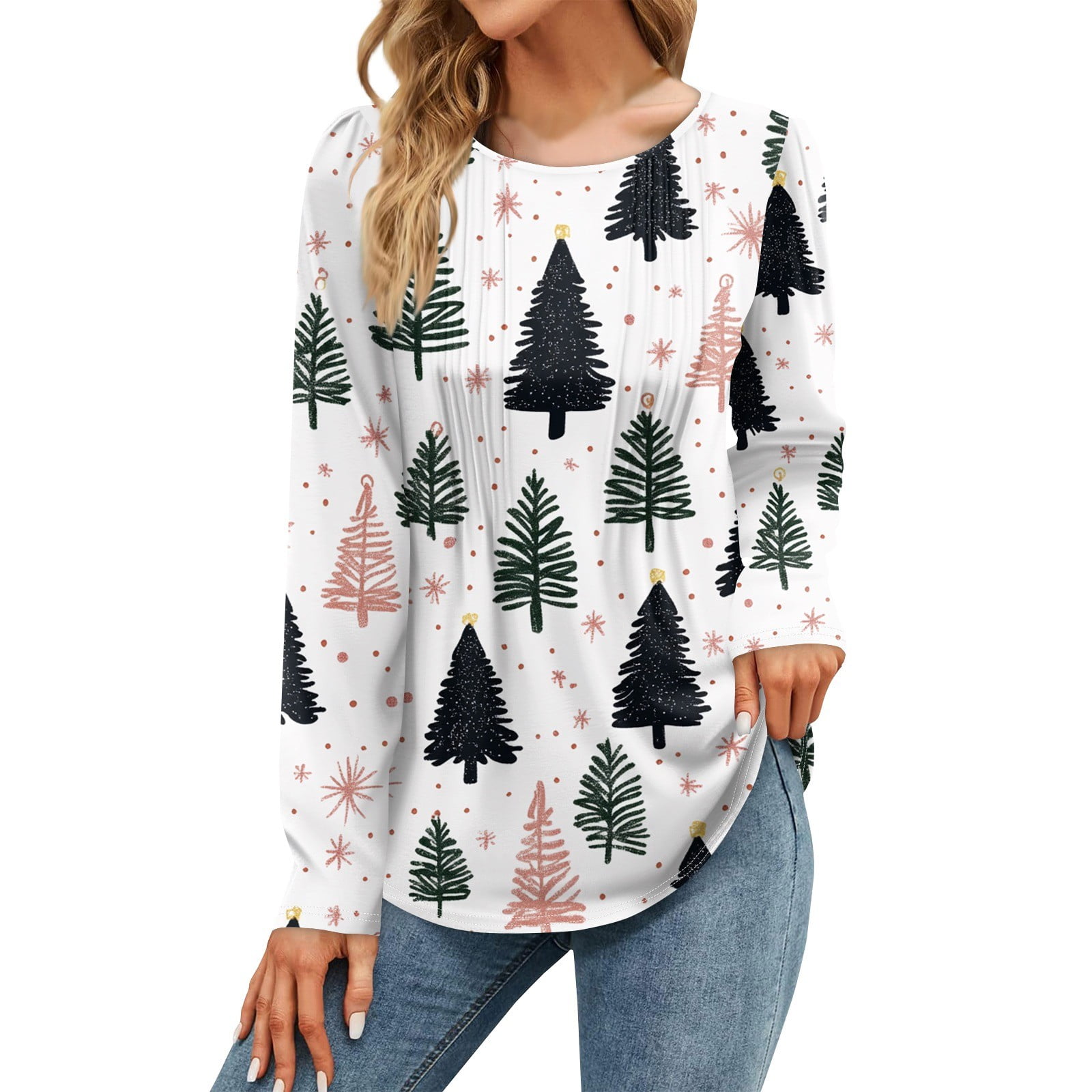 Womens Christmas Long Sleeve TShirts Xmas Snowflake Print Tshirts