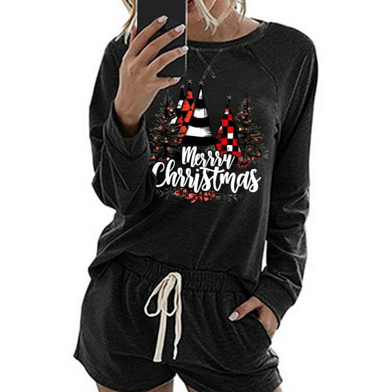 Womens Christmas Lounge Shorts Sets Sleepwear Long Sleeve Xmas Tees Drawstring Shorts Holiday Pajamas Black, S