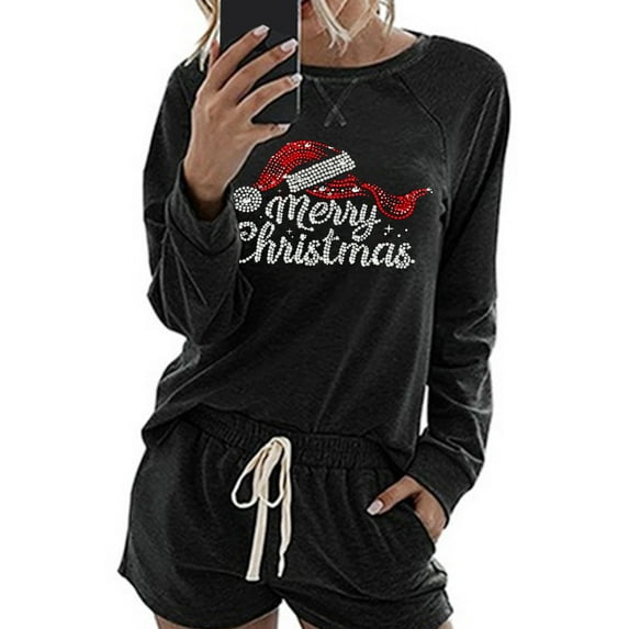 Womens Christmas Lounge Shorts Sets Sleepwear Long Sleeve Xmas Tees Drawstring Shorts Holiday Pajamas Black, XXL