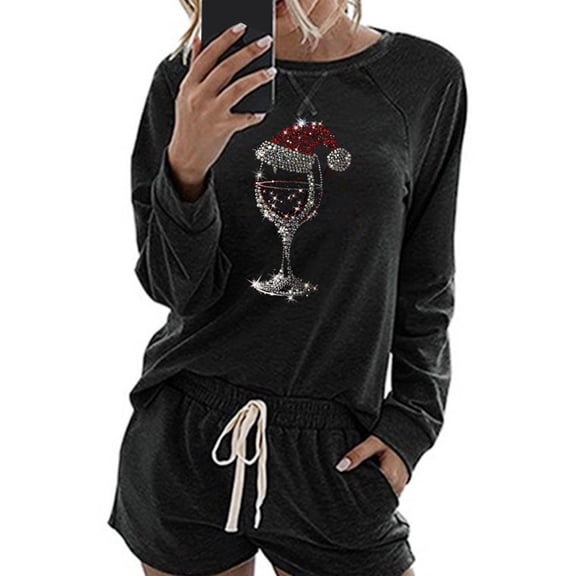 Womens Christmas Lounge Shorts Sets Sleepwear Long Sleeve Xmas Tees Drawstring Shorts Holiday Pajamas Black, XXL
