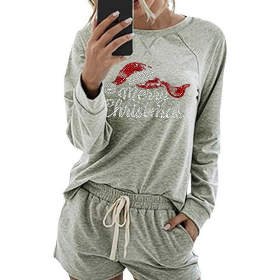 Womens Christmas Lounge Shorts Sets Sleepwear Long Sleeve Xmas Tees Drawstring Shorts Holiday Pajamas Gray, XXL