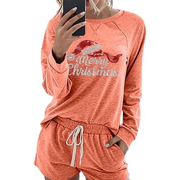 Womens Christmas Lounge Shorts Sets Sleepwear Long Sleeve Xmas Tees Drawstring Shorts Holiday Pajamas Orange, XL