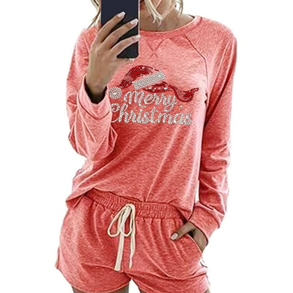 Womens Christmas Lounge Shorts Sets Sleepwear Long Sleeve Xmas Tees Drawstring Shorts Holiday Pajamas Pink, XL