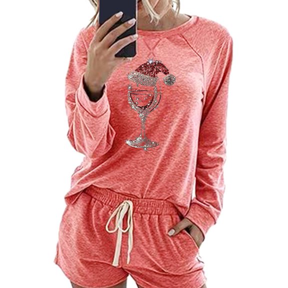 Womens Christmas Lounge Shorts Sets Sleepwear Long Sleeve Xmas Tees Drawstring Shorts Holiday Pajamas Pink, XXL