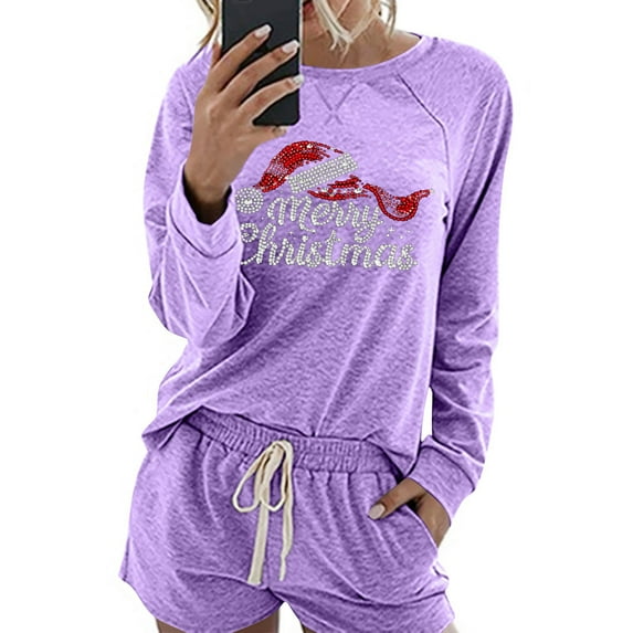 Womens Christmas Lounge Shorts Sets Sleepwear Long Sleeve Xmas Tees Drawstring Shorts Holiday Pajamas Purple, XL