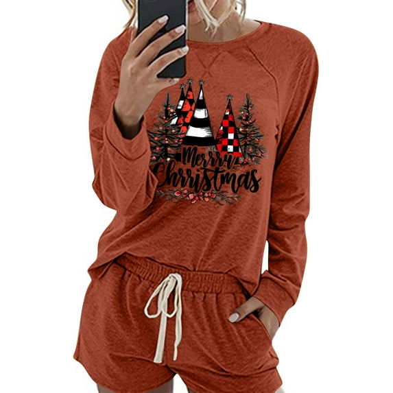 Womens Christmas Lounge Shorts Sets Sleepwear Long Sleeve Xmas Tees Drawstring Shorts Holiday Pajamas Red, XL