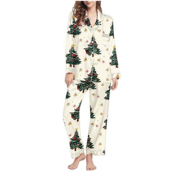 Womens Christmas Matching Pajamas 2 Piece Holiday Sleepwear Sets Long Sleeve Button Down Shirts Wide Leg Pants Beige, S