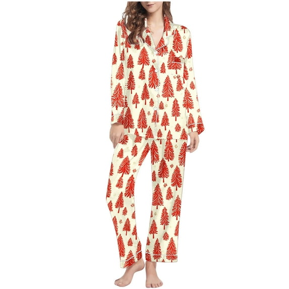 Womens Christmas Matching Pajamas 2 Piece Holiday Sleepwear Sets Long Sleeve Button Down Shirts Wide Leg Pants Orange, M