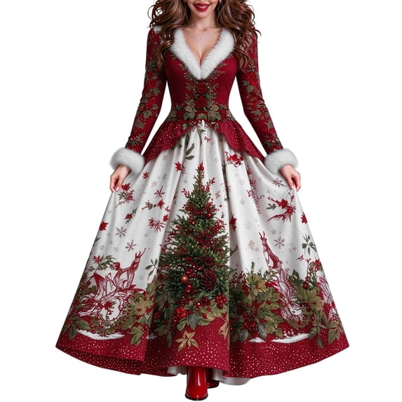 Vs Tree Womens Christmas Maxi Dress V Neck Long Sleeve , Traditional Red Green ...