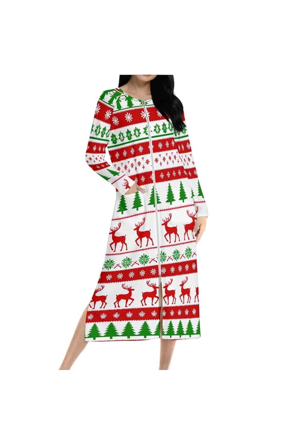 Womens Christmas Nightgowns Long Sleeve Xmas Plaid Bathrobe Zipper Front Housecoats Split Holiday Sleepwear Multicolor, XXL