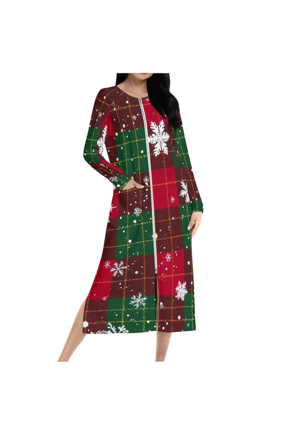Womens Christmas Nightgowns Long Sleeve Xmas Plaid Bathrobe Zipper Front Housecoats Split Holiday Sleepwear Red, S