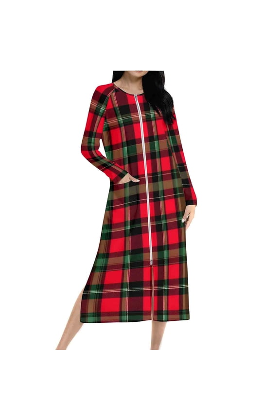 Womens Christmas Nightgowns Long Sleeve Xmas Plaid Bathrobe Zipper Front Housecoats Split Holiday Sleepwear Red, XXL