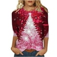 thumbnail image 1 of Womens Christmas Outfit Bling Christmas Tree Top 3/4 Sleeve Blouses for Women Round Neck T Shirts Loose Fit Vacation Tops, 1 of 5
