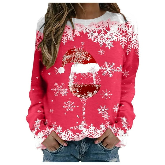 Womens Christmas Outfit Lightweight Crewneck Sweatshirt Snowflake Graphic Printed Plus Size Long Sleeve Tops (XL, Red 03)