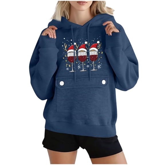 Womens Christmas Oversized Hoodies Long Sleeve Fleece Sweatshirts Xmas Holiday Graphic Sweater with Pocket, S Navy