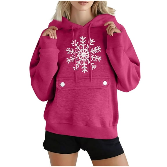 Womens Christmas Oversized Hoodies Snowflake Long Sleeve Fleece Sweatshirts Xmas Holiday Graphic Sweater with Pocket, L Hot Pink