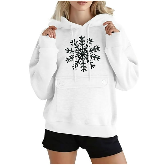 Womens Christmas Oversized Hoodies Snowflake Long Sleeve Fleece Sweatshirts Xmas Holiday Graphic Sweater with Pocket, M White