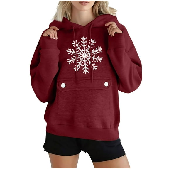 Womens Christmas Oversized Hoodies Snowflake Long Sleeve Fleece Sweatshirts Xmas Holiday Graphic Sweater with Pocket, S Wine