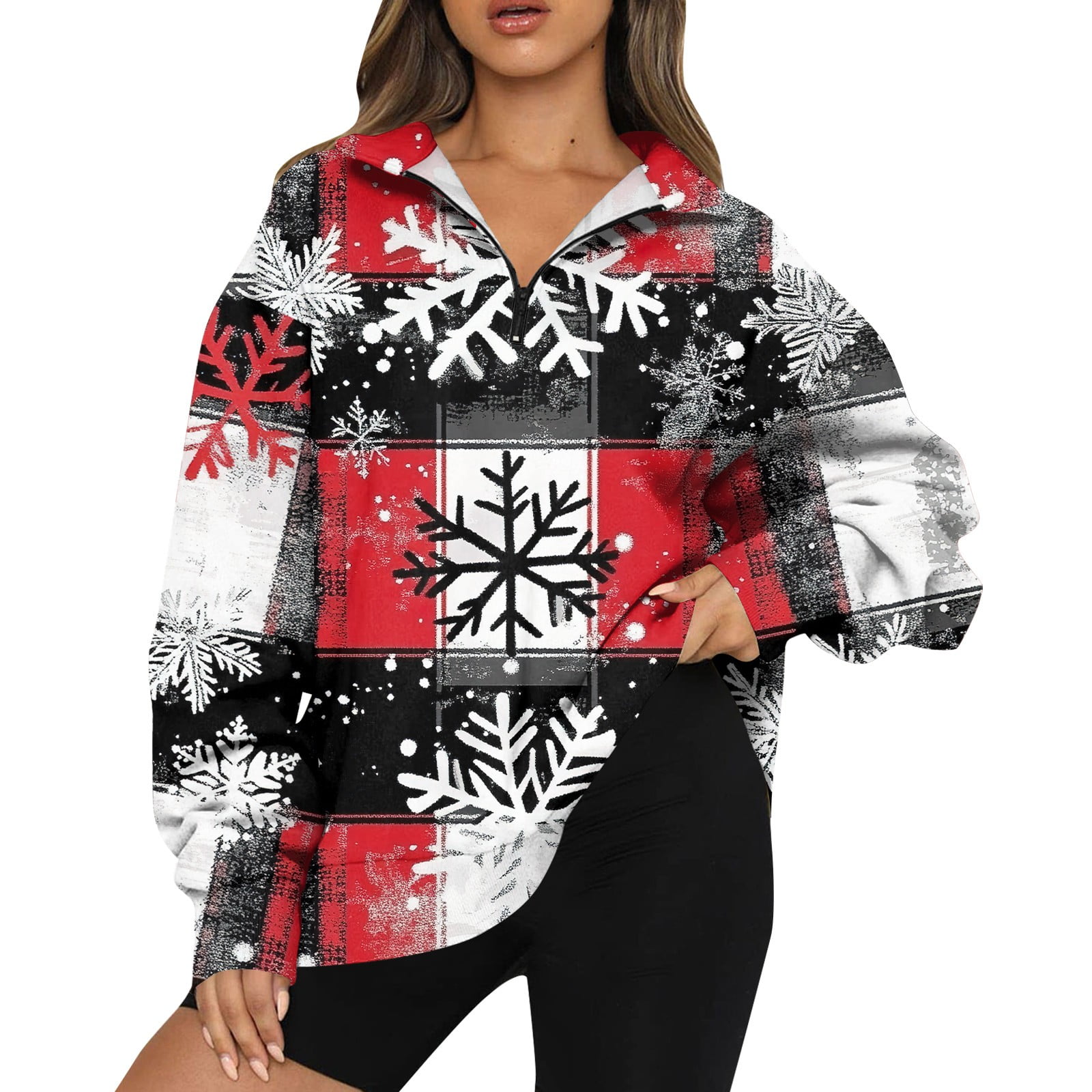 Womens Christmas Oversized Sweatshirt Half Zip Christmas Trees Xmas