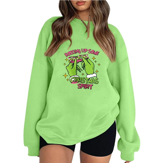 Long Sleeve Funny Cute Xmas Crewneck Pullover Oversize Christmas Sweatshirts for Women A-Green 3XL Q