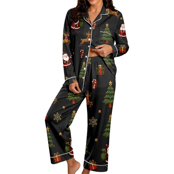Womens Christmas Pajama Set Long Sleeve Collared Sleep Shirt and Lounge Pants Festive Holiday Loungewear Outfit for Home