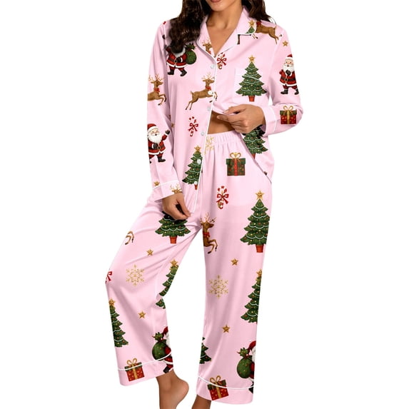 Womens Christmas Pajama Set Long Sleeve Collared Sleep Shirt and Lounge Pants Festive Holiday Loungewear Outfit for Home