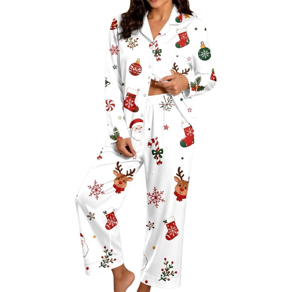Womens Christmas Pajama Set Long Sleeve Collared Top and Pants Festive Holiday Sleepwear Cozy Loungewear for Home and Nights