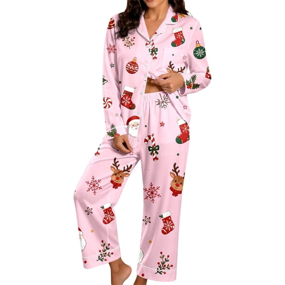 Womens Christmas Pajama Set Long Sleeve Collared Top and Pants Festive Holiday Sleepwear Cozy Loungewear for Home and Nights