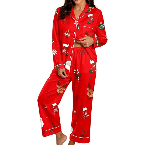 Womens Christmas Pajama Set Long Sleeve Collared Top and Pants Festive Holiday Sleepwear Cozy Loungewear for Home and Nights