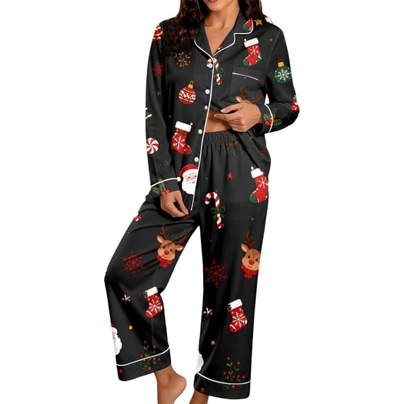 Womens Christmas Pajama Set Long Sleeve Collared Top and Pants Festive Holiday Sleepwear Cozy Loungewear for Home and Nights